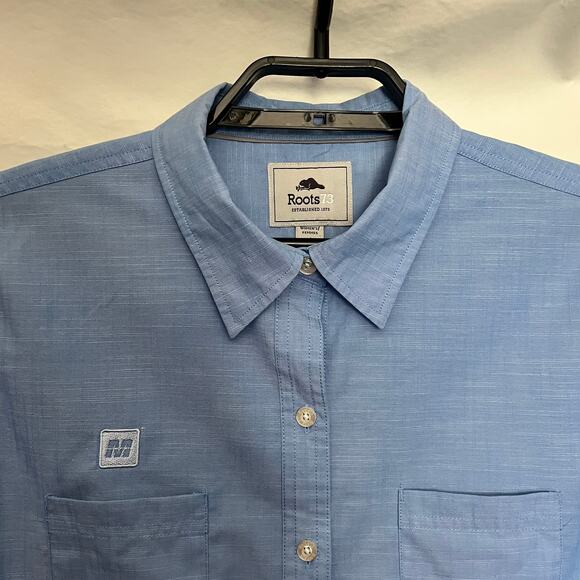 Roots73 Clearwater Button Up Women Shirt Size Large Blue M Patch #97100 Rolltab - Picture 2 of 12